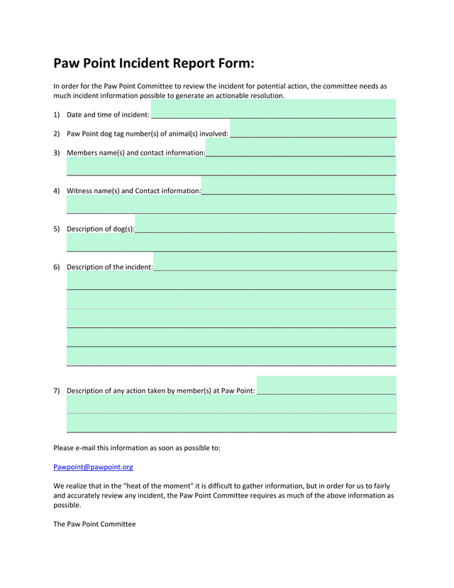 Paw Point Incident Report Form screenshot