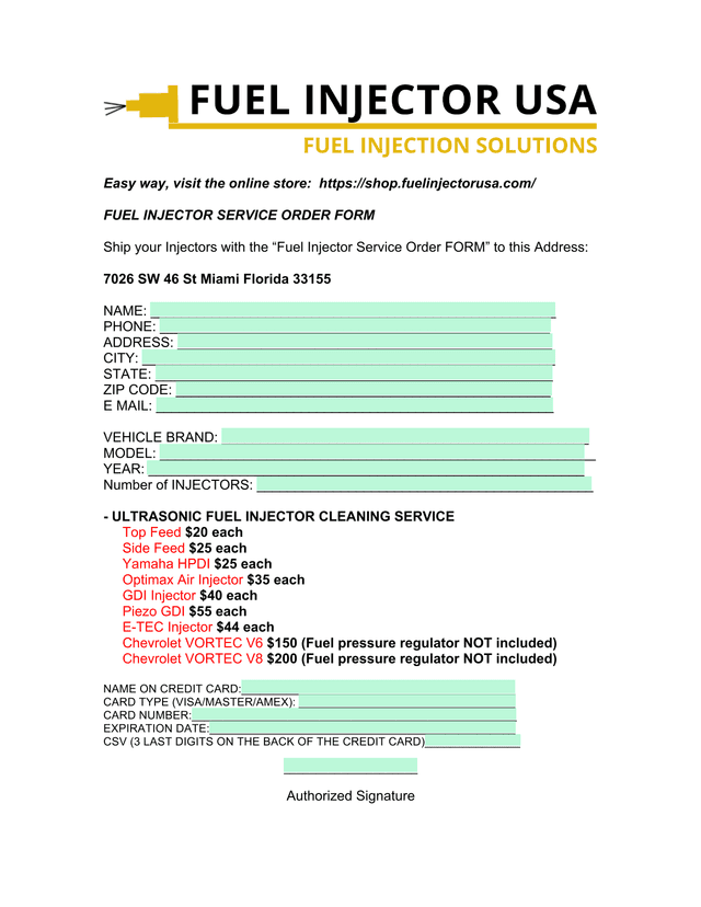 Fuel Injector Service Order Form screenshot