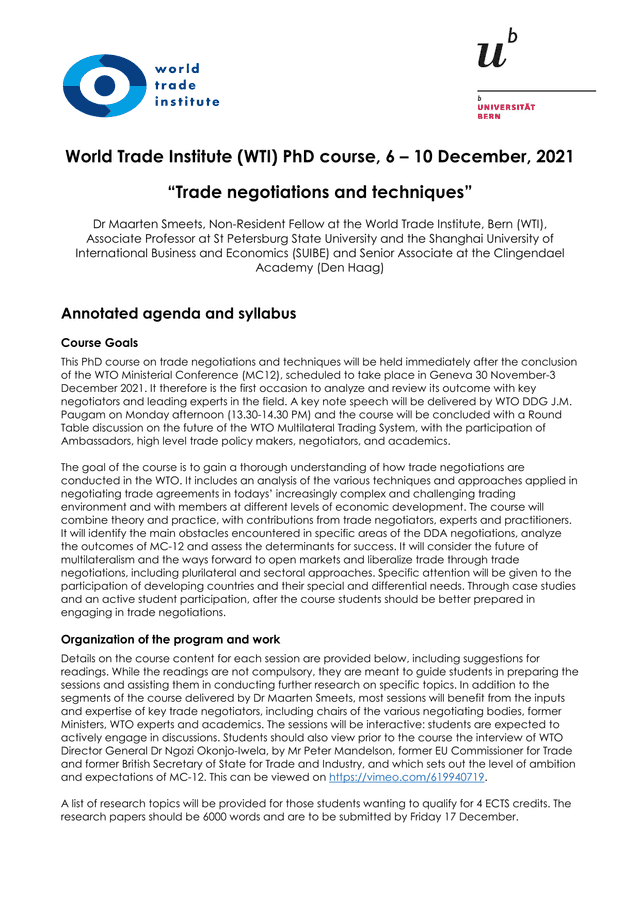 Trade Negotiations And Techniques PhD Course Syllabus screenshot