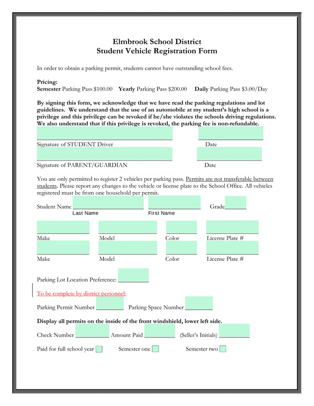 Student Vehicle Registration Form screenshot