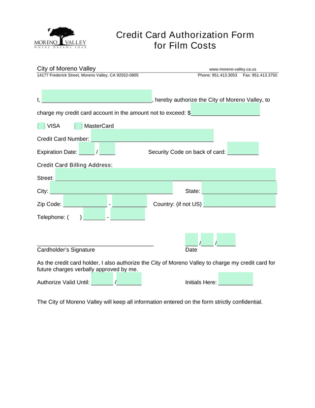 Credit Card Authorization Form For Film Costs screenshot