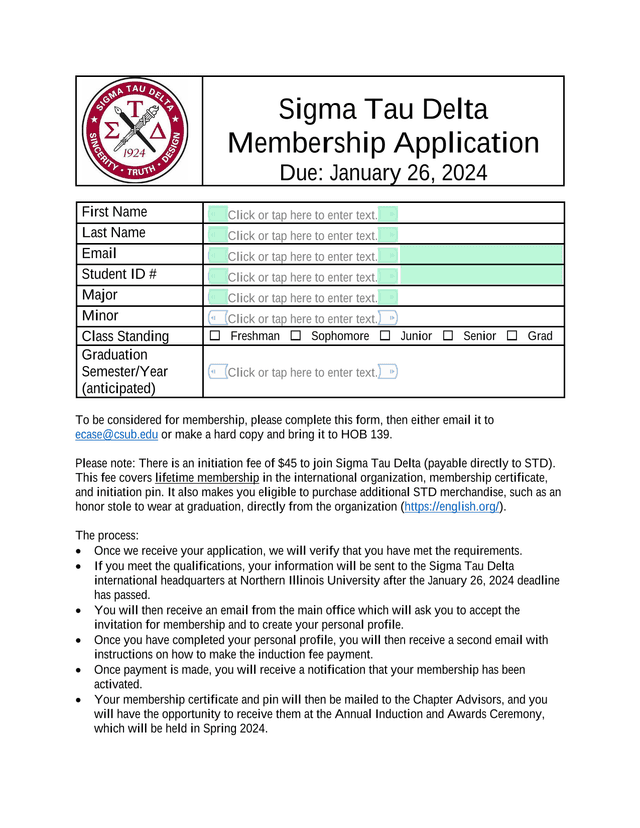 Sigma Tau Delta Membership Application screenshot