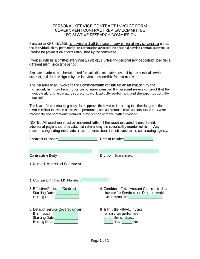 PERSONAL SERVICE CONTRACT INVOICE FORM screenshot