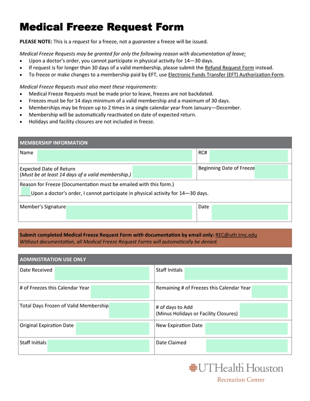 Medical Freeze Request Form screenshot
