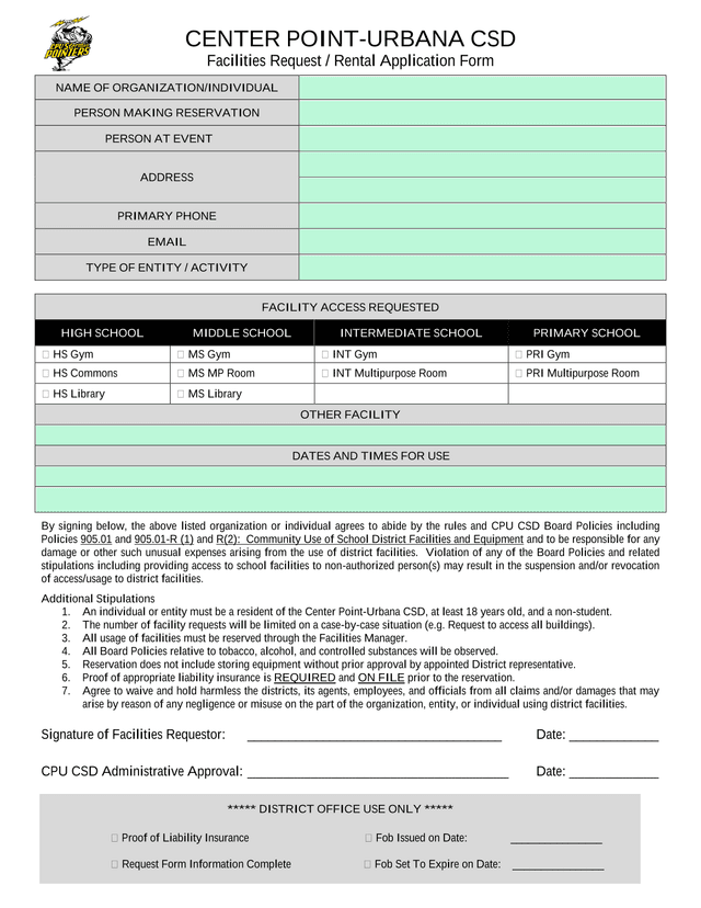 Facilities Request  Rental Application Form screenshot