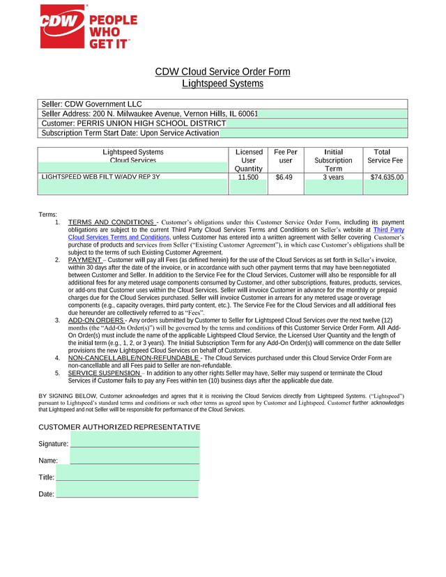 CDW Cloud Service Order Form screenshot