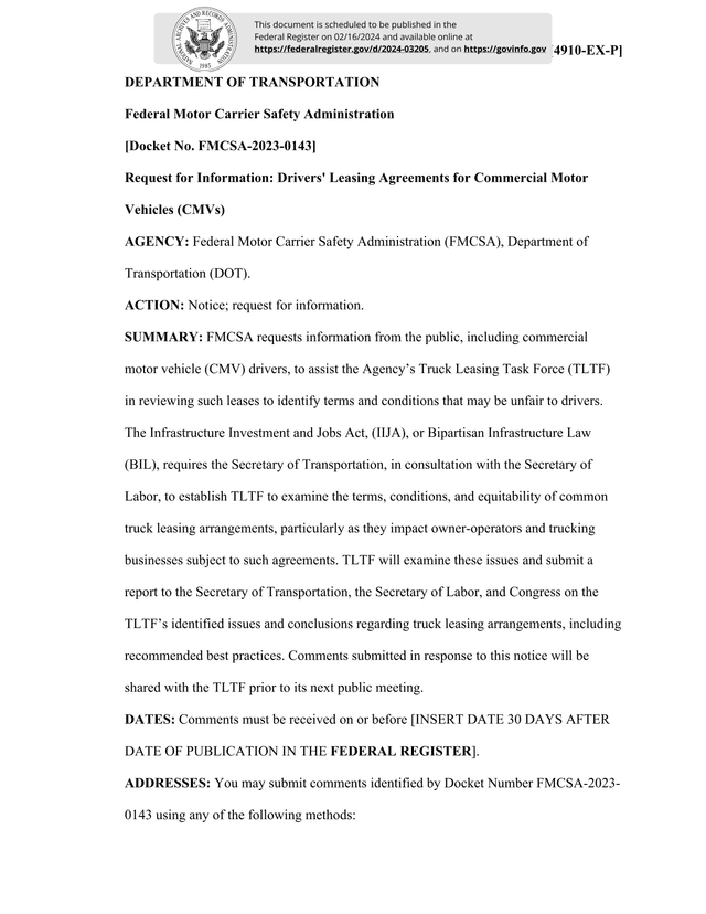Request For Information Drivers Leasing Agreements For Commercial Motor Vehicles (CMVs) screenshot