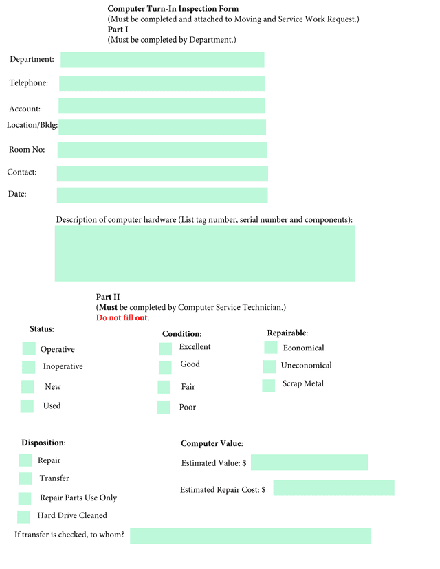 Computer Turn In Inspection Form screenshot