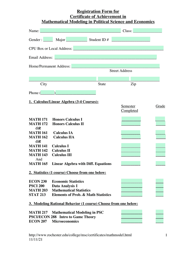 Registration Form For Certificate Of Achievement In Mathematical Modeling In Political Science And E screenshot