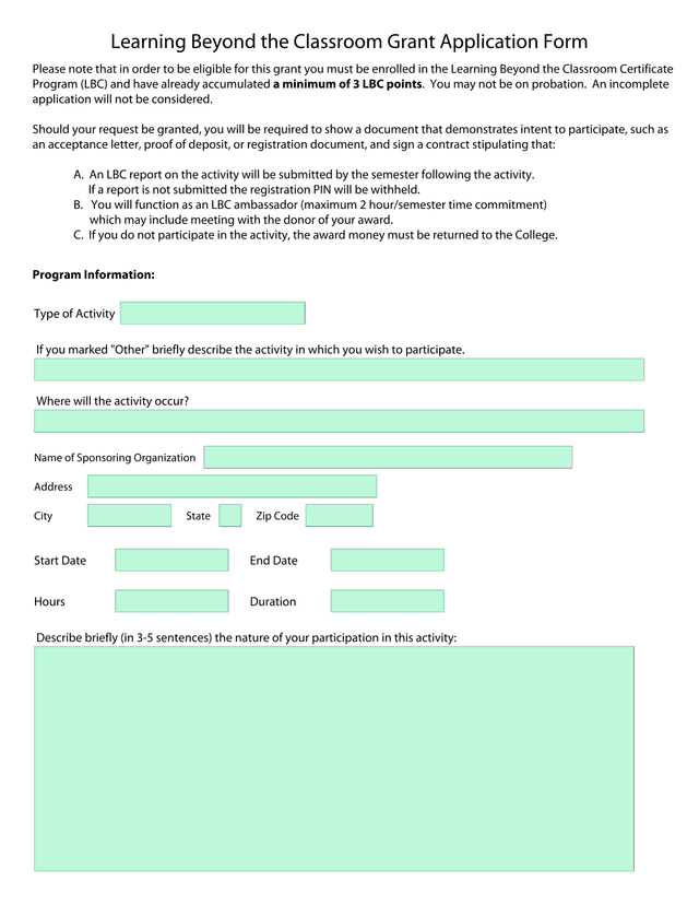 Learning Beyond The Classroom Grant Application Form screenshot