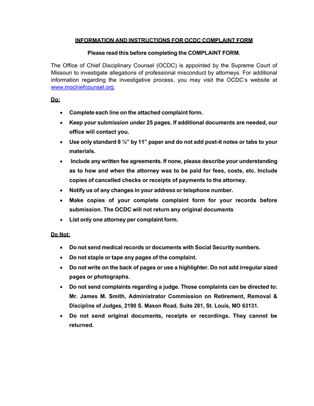 OCDC Complaint Form screenshot