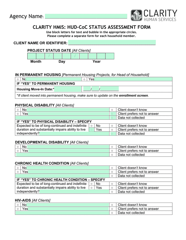 CLARITY HMIS HUD CoC STATUS ASSESSMENT FORM screenshot