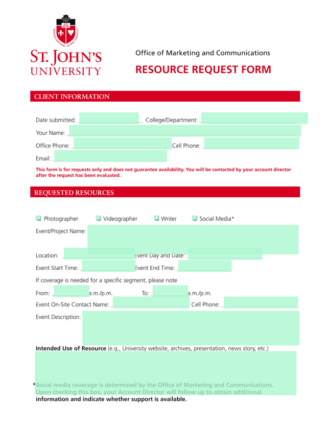 RESOURCE REQUEST FORM screenshot