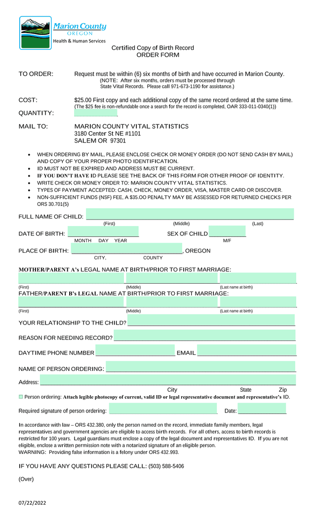 Certified Copy Of Birth Record ORDER FORM screenshot