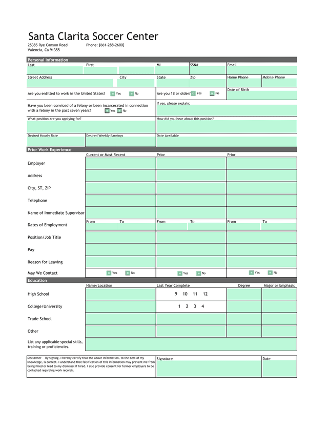 Santa Clarita Soccer Center Employment Application screenshot