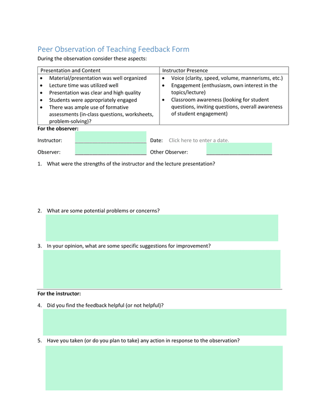 Peer Observation Of Teaching Feedback Form screenshot