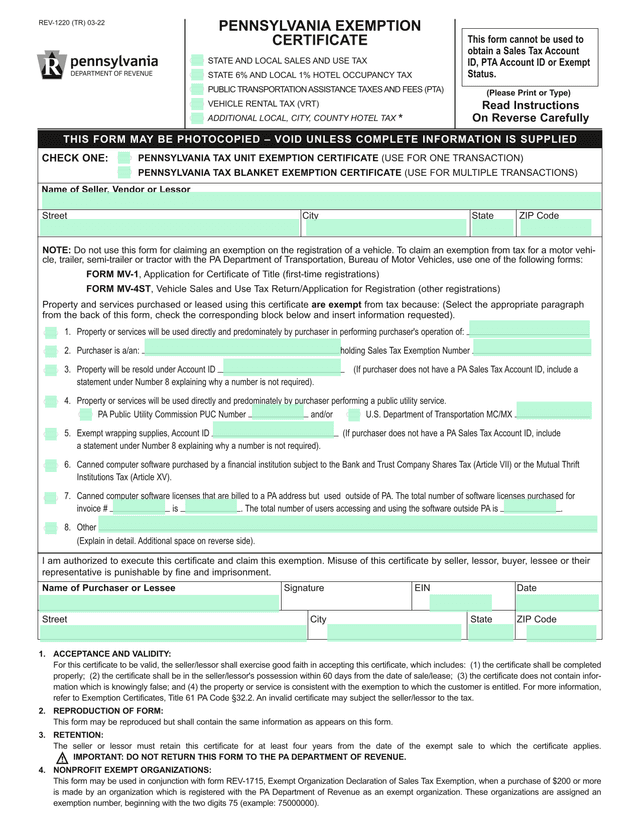Pennsylvania Tax Unit Exemption Certificate screenshot