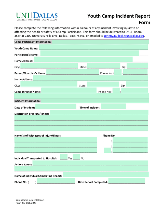Youth Camp Incident Report Form screenshot