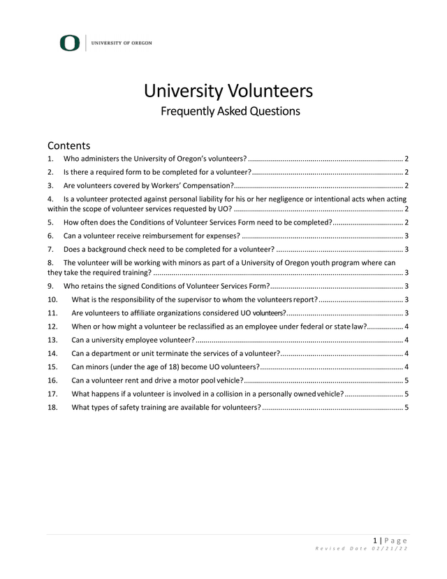 University Volunteers Frequently Asked Questions screenshot