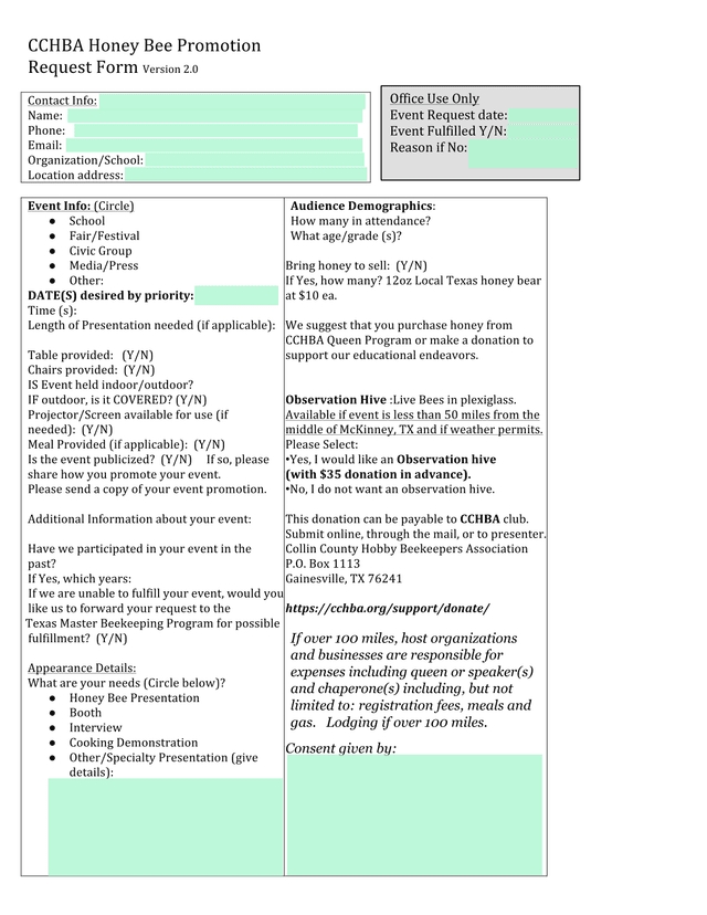 CCHBA Honey Bee Promotion Request Form screenshot