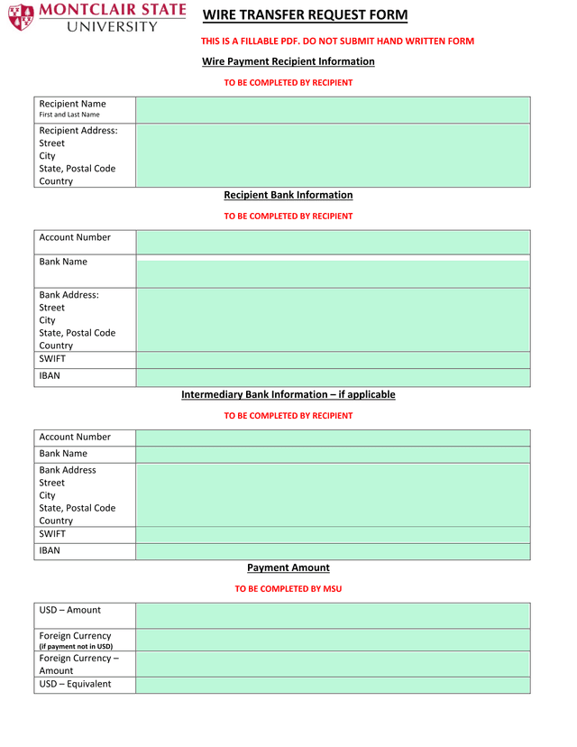 Wire Transfer Request Form screenshot
