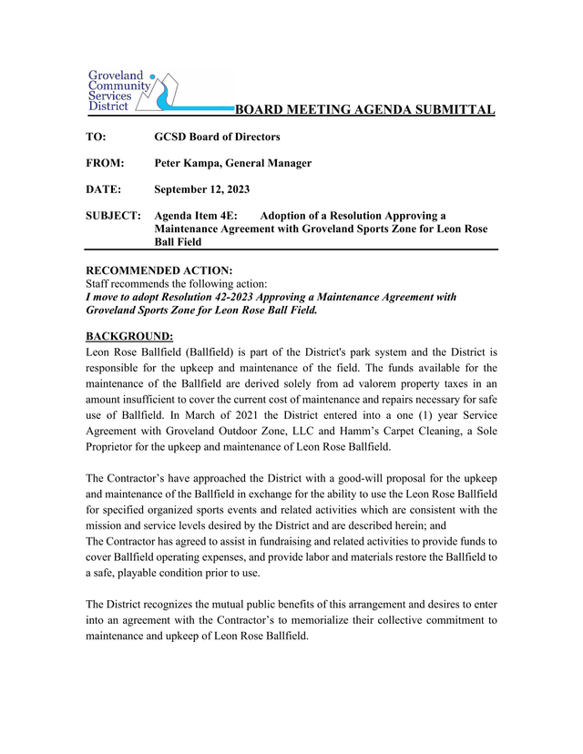 Board Meeting Agenda Submittal   Maintenance Agreement For Leon Rose Ball Field screenshot