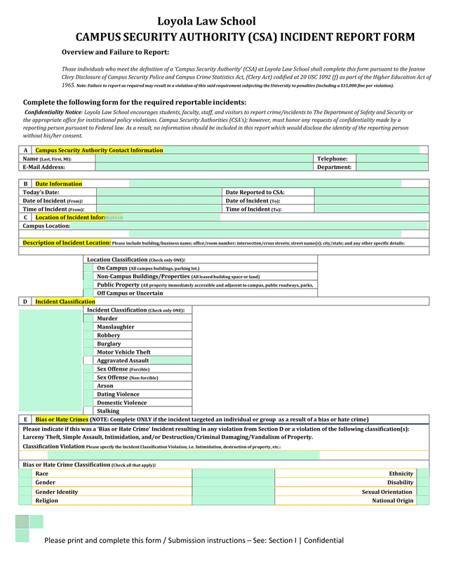 Campus Security Authority (CSA) Incident Report Form screenshot