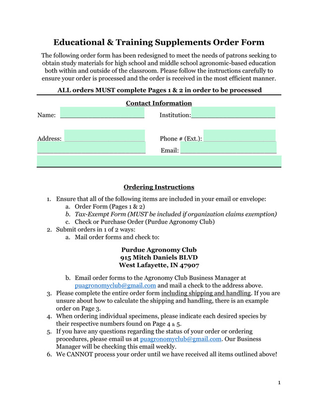 Educational  Training Supplements Order Form screenshot