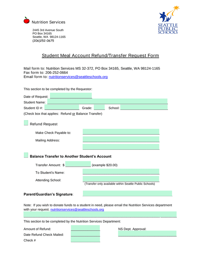 Student Meal Account RefundTransfer Request Form screenshot