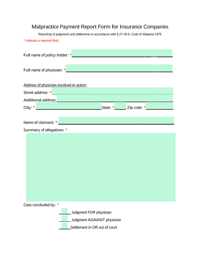 Malpractice Payment Report Form For Insurance Companies screenshot