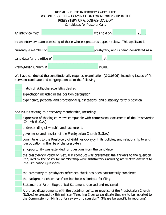 Report Of The Interview Committee For Presbytery Membership screenshot