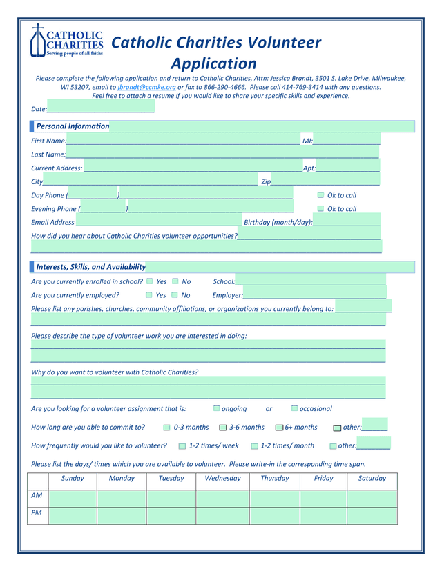 Catholic Charities Volunteer Application screenshot