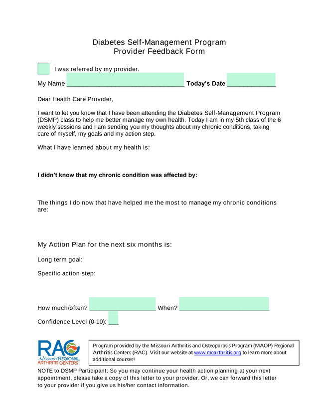 Diabetes Self Management Program Provider Feedback Form screenshot