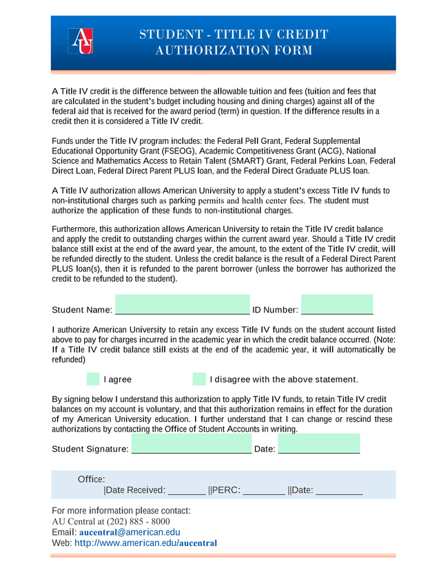 Title IV Credit Authorization Form screenshot