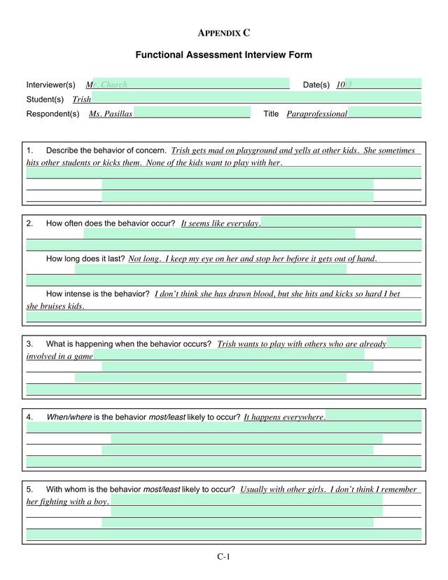 Functional Assessment Interview Form screenshot