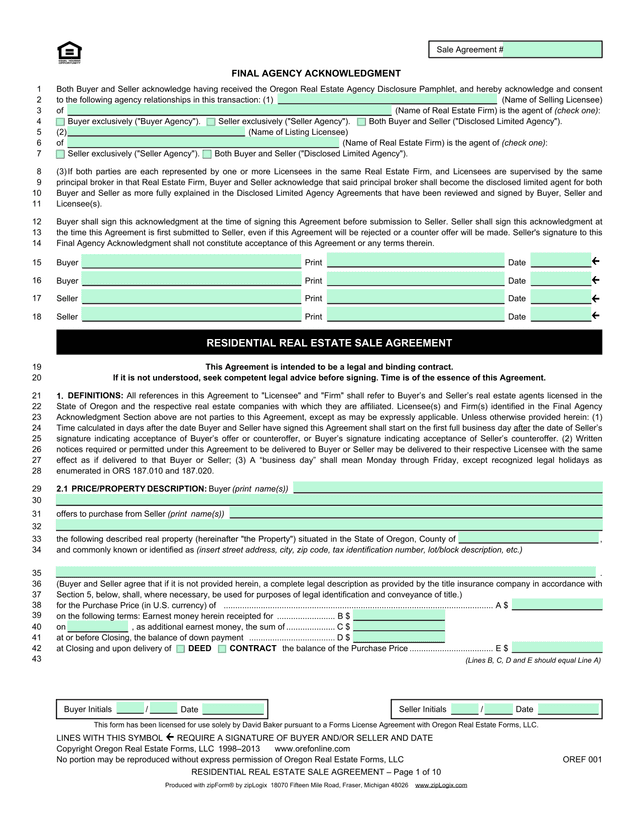 RESIDENTIAL REAL ESTATE SALE AGREEMENT screenshot