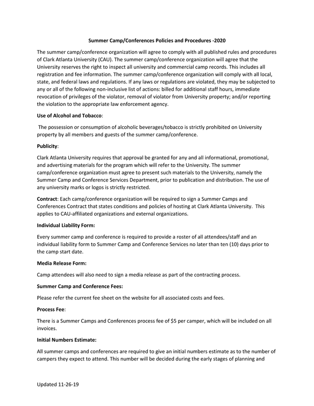 Summer CampConferences Policies And Procedures  2020 screenshot