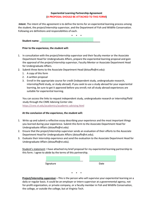 Experiential Learning Partnership Agreement screenshot