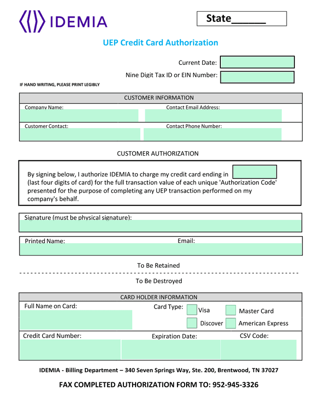 UEP Credit Card Authorization screenshot