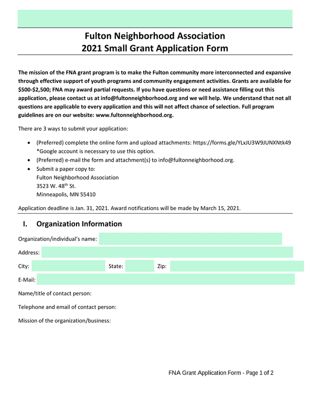 FNA Grant Application Form screenshot