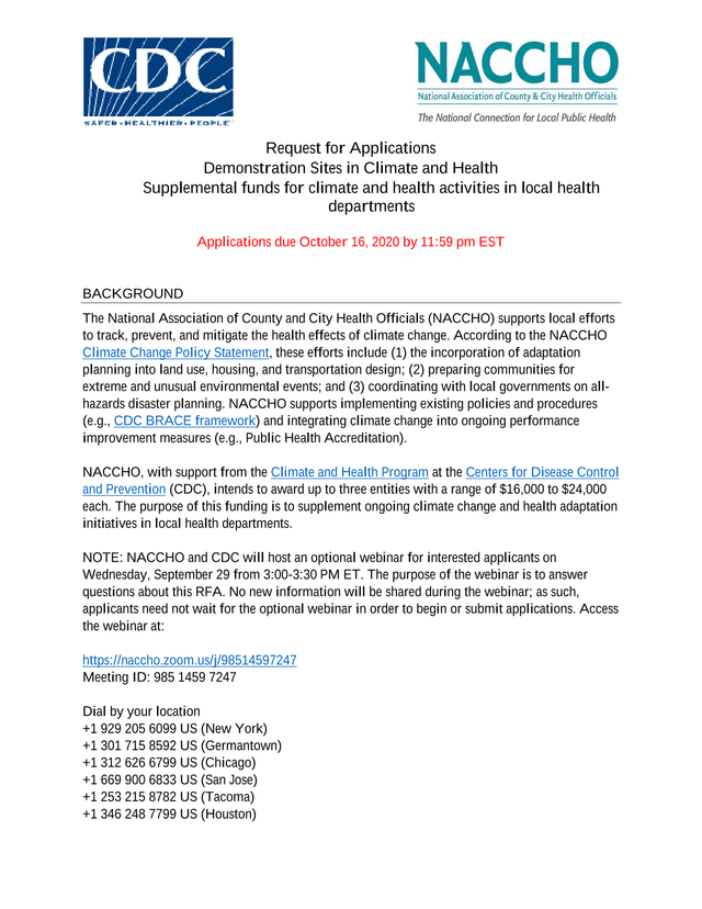 Request For Applications Demonstration Sites In Climate And Health screenshot