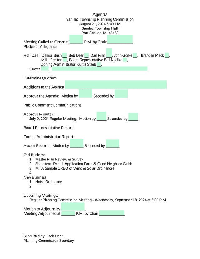 Sanilac Township Planning Commission Agenda screenshot