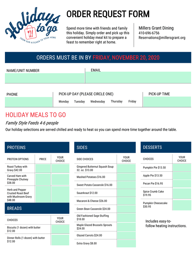 Holiday Meals To Go Order Request Form screenshot