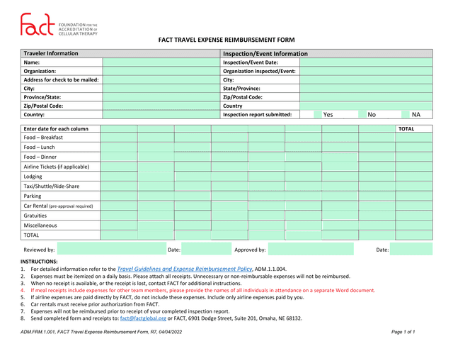 ADM.FRM.1.001, FACT Travel Expense Reimbursement Form screenshot