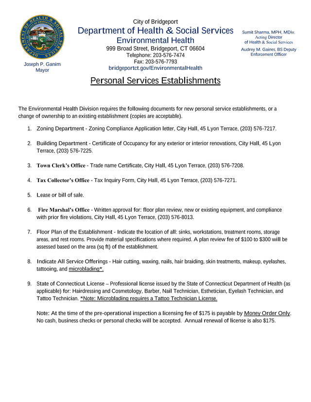 Personal Services Establishments Document Requirements screenshot