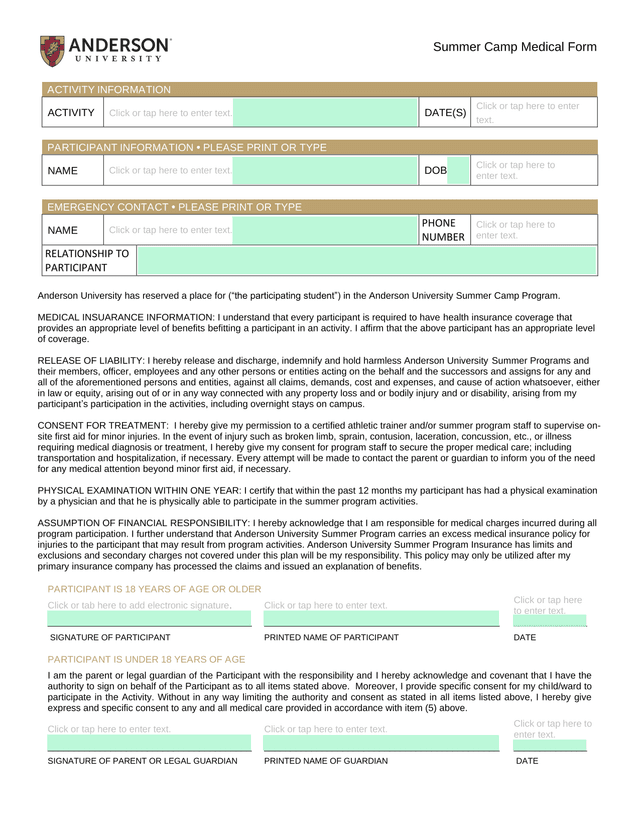 Anderson University Summer Camp Program Participation Form screenshot
