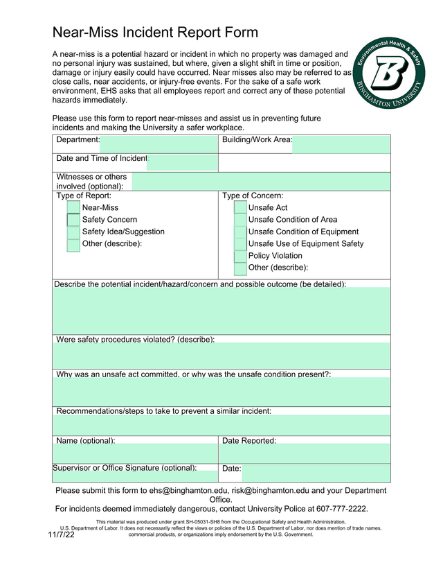 Near Miss Incident Report Form screenshot