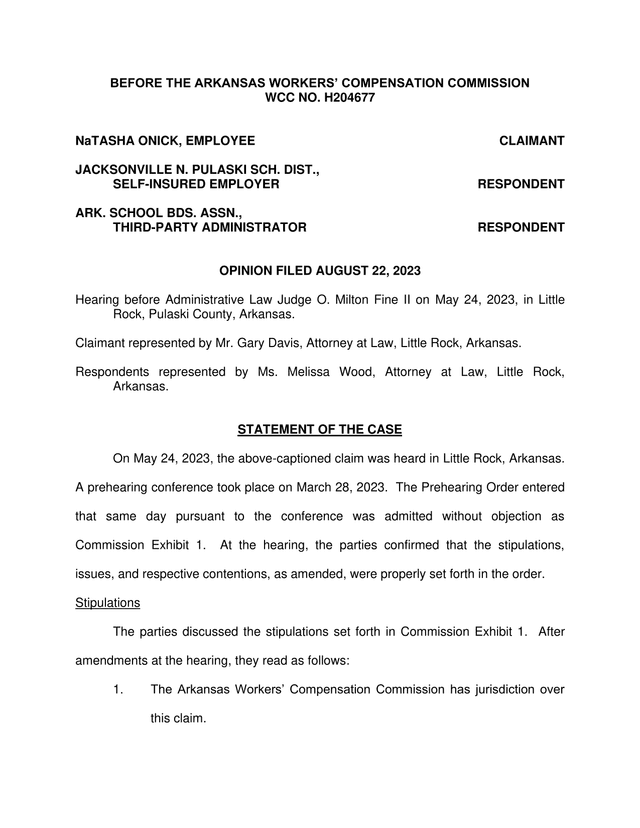Workers Compensation Claim   NaTasha Onick V. Jacksonville N. Pulaski School District screenshot