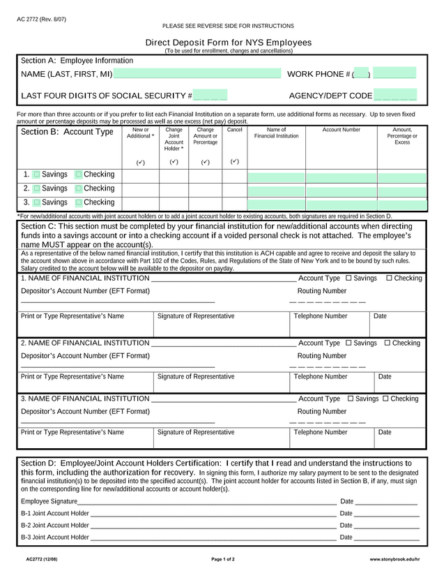 Direct Deposit Form For NYS Employees screenshot