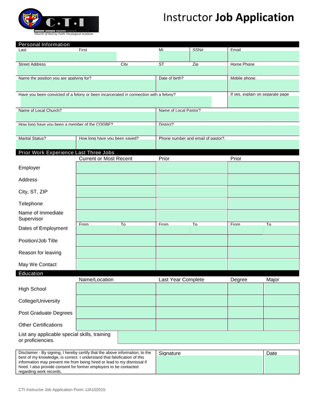 CTI Instructor Job Application FormIJA102015 screenshot